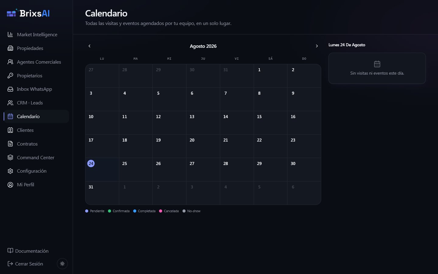 Grilla del mes con las visitas del equipo y el panel del día a la derecha